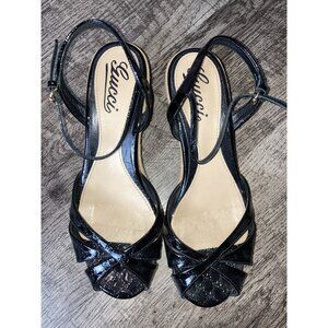 Authentic Gucci Black platform espadrille patent leather sandals EU size 37